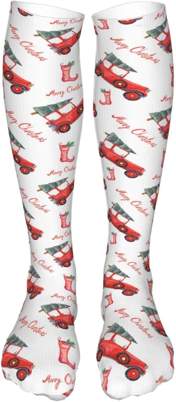 Red Car with Christmas Tree Funny Knee High Socks For Women