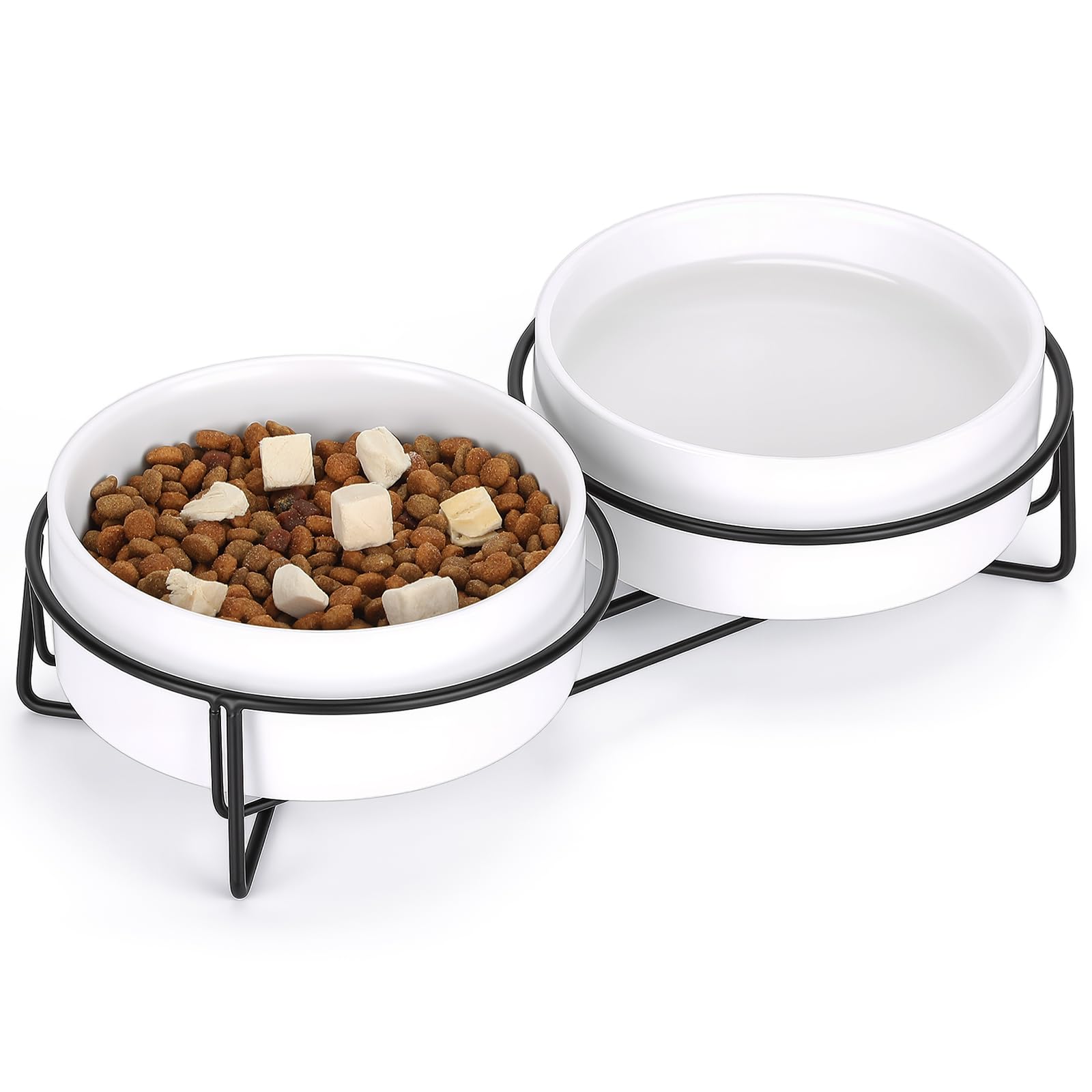 PETTOM Raised Cat Bowls Ceramic Double Cat Food and Water Bowl Set with Steel Stands for Cats and Small Dogs - Anti Vomiting, Spine Protection