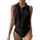 MAKEMECHIC Women's Dressy Bodysuit Shirt Collared Swiss Dots Sleeveless Button Down Tank Tops