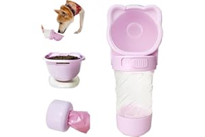 FLRYBRG Portable Dog Water Bottle 3 in 1, Multifunctional Puppy Water Dispenser with Water Bowl and Poop Bag for Walking, Hiking and Traveling, BPA Free, Dishwasher Safe, Pink