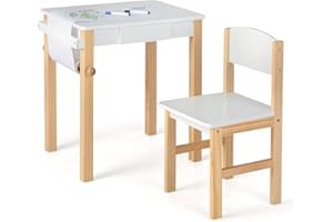 HONEY JOY Kids Table and Chair Set, Wooden Desk & Chair with Drawer, Paper Roll Holder & 2 Marker Pens, Activity Table Set fo