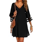 Ekouaer Women's Swimsuit Cover Up 3/4 Bell Sleeve Beachwear Coverups Deep V-Neck Bikini Beach Dress S-3XL