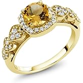 Gem Stone King 18K Yellow Gold Plated Silver 6MM Round Cut Gemstone Birthstone Engagement Anniversary Ring For Women | Available In Size 5, 6, 7, 8, 9