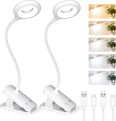 CUHIOY Clip-On Reading Light 2 Pack Rechargeable 1800mAh 5 Color 5 Brightness