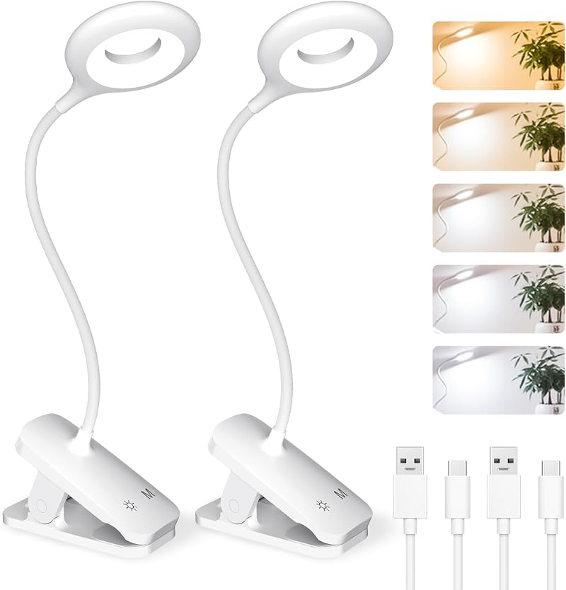 CUHIOY Clip-On Reading Light 2 Pack Rechargeable 1800mAh 5 Color 5 Brightness