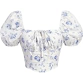 Verdusa Women's Floral Print Short Puff Sleeve Bow Front Asymmetrical Hem Crop Blouse Top