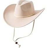 Lanzom Women Men Retro Felt Wide Brim Western Cowboy Cowgirl Hat Dress Up Hat with Wind Lanyard