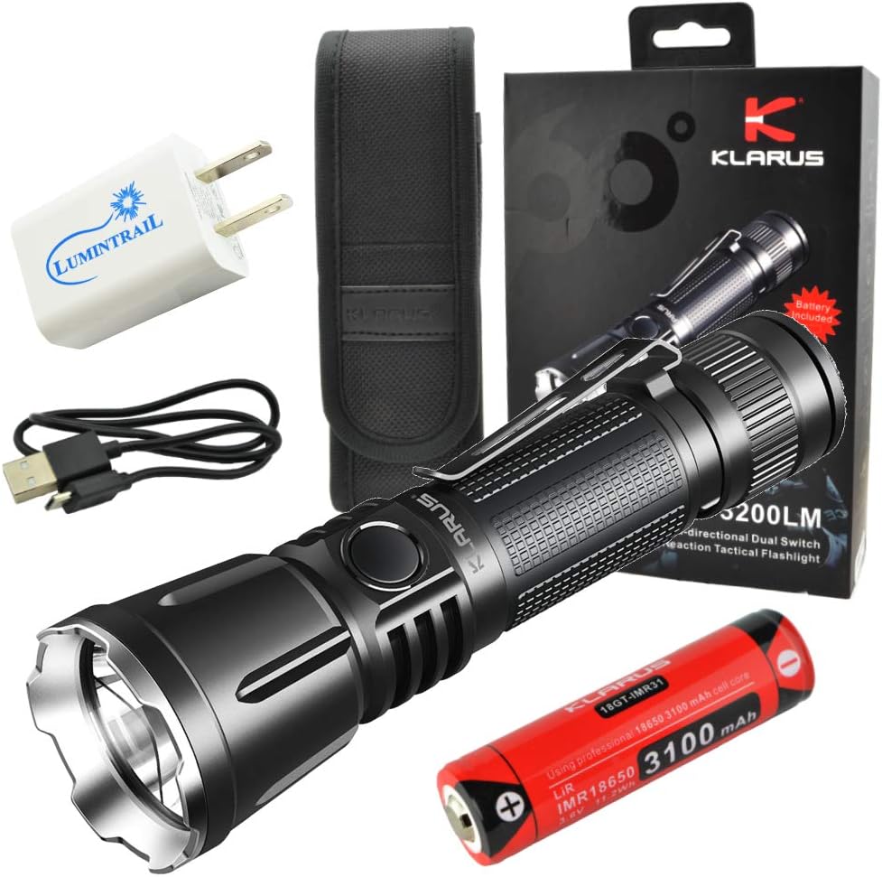 klarus 360x3 USB Rechargeable EDC Tactical Flashlight 3200 Lumens Bundle with Lumintrail USB Wall Adapter