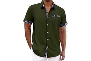 KENVINA Hawaiian Shirt for Men Stretch V Neck Aloha Shirts Button Down Short Sleeve Blouse Tropical Blouses with Pocket