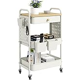 danpinera Rolling Utility Cart with Drawer, 3 Tier Rolling Cart with Wheels, Hooks & Hanging Cups, Craft Cart Art Cart Snack Cart Rolling Storage Cart with Wooden Table Top & DIY Pegboards, White