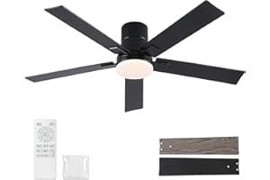 Rayqueen 52 Inch Ceiling Fans with Lights and Remote,Flush Mount Black Ceiling Fan,6 Speed Reversible DC Motor,3CCT Dimmable LED-Low Profile Design for Bedroom, Living room & Covered Outdoor