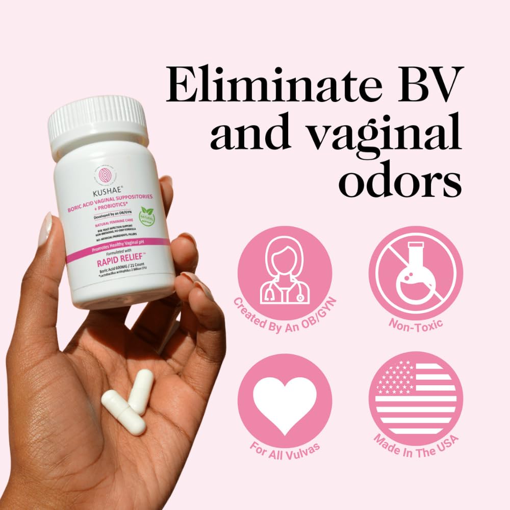 Kushae Boric Acid Suppositories + Rapid Relief with Applicator, All Natural Female Suppositories with Probiotics & Aloe Vera, Relieves Discomfort & Balances pH Level