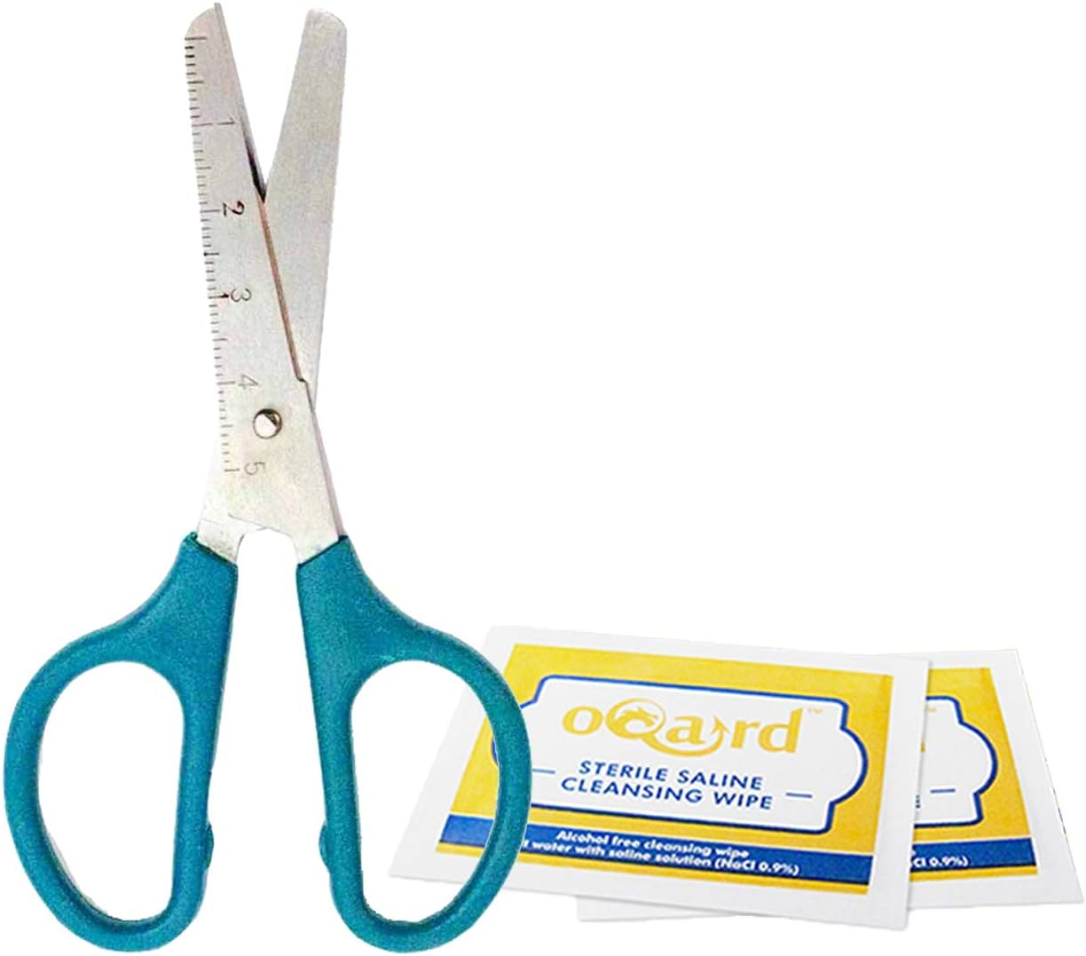 1 Oqard First Aid Scissors Green Blunt Tip and 2 Oqard Saline Wipes