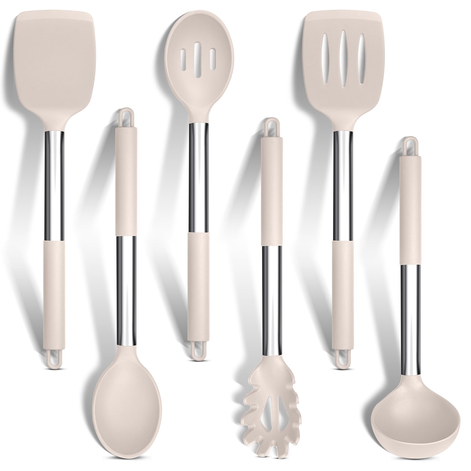 HaWare Kitchen Utensils Set, 6 Pcs Silicone Cooking Utensils with Stainless Steel Handle, Heat Resistant Kitchen Tools for Non-Stick Cookware, Ladle Turner Spoon Pasta Server, Dishwasher Safe - Khaki