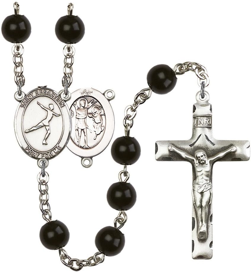 Bonyak Jewelry St. Sebastian/Figure Skating Silver-Plated Rosary - Every Birth Month Color and More