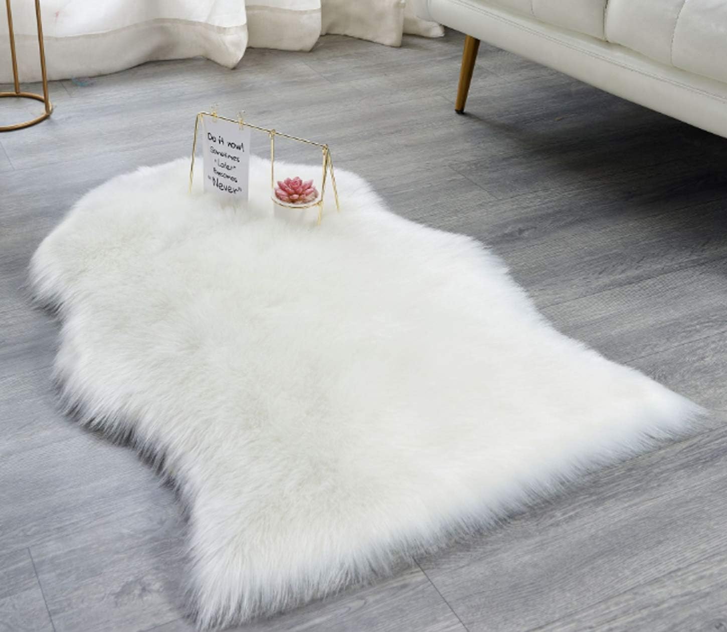 FOLWEP Faux Fur Sheepskin Decorative Rug Couch Chair Cover Seat Pad Plain Shaggy Area Rugs, 30 x 47 Inch,White