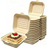 100 Pack 6x6 Compostable Clamshell Takeout Food Containers Sandwich Boxes | Heavy Duty Bamboo To Go Containers with Lids, Biodegradable Food Boxes for Burgers Sandwiches Cake, Microwave Freezer Safe