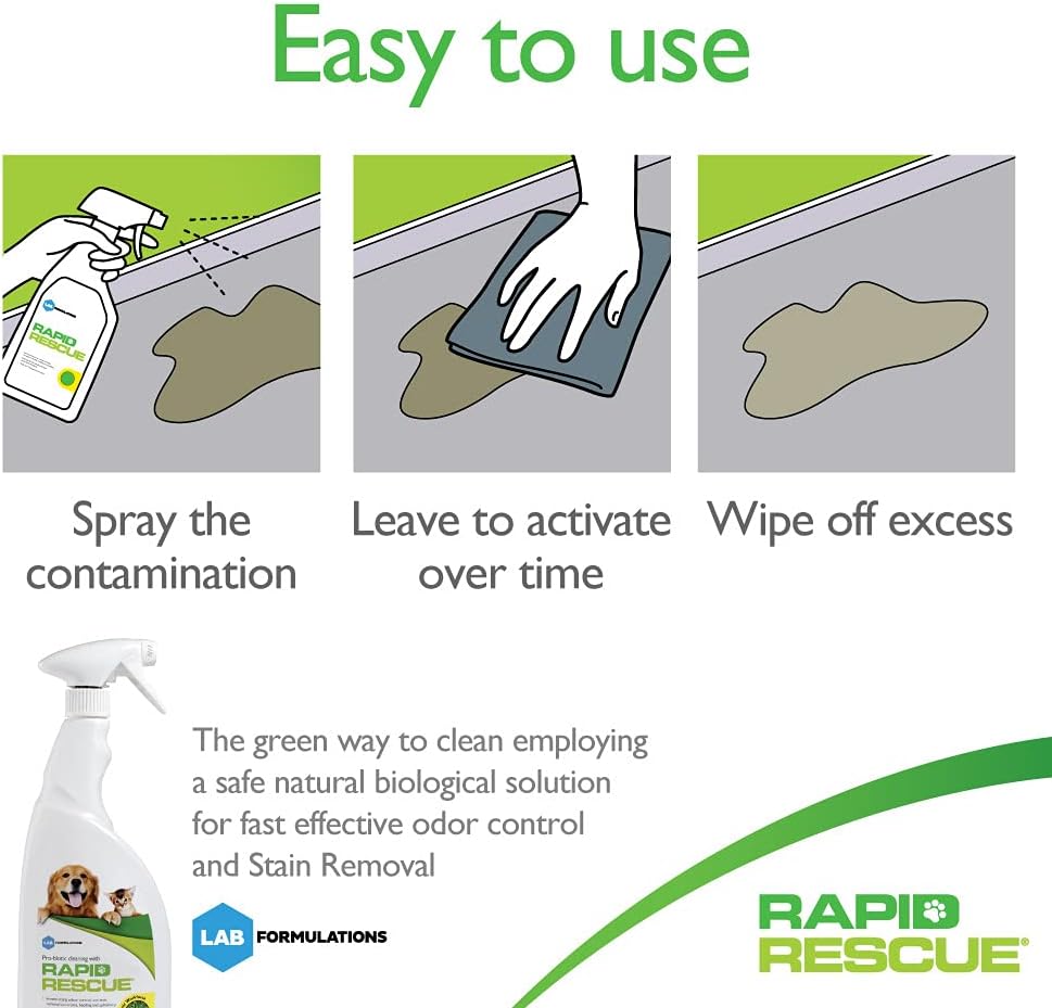 Rapid Rescue | Pet Odor Eliminator Urine Smell Remover | Natural Microbe Enzymatic Green Solution Fast-Acting on Cat & Dog Stains on Carpets, Wood Floors, Cars, Rugs (1pk): Health & Personal Care