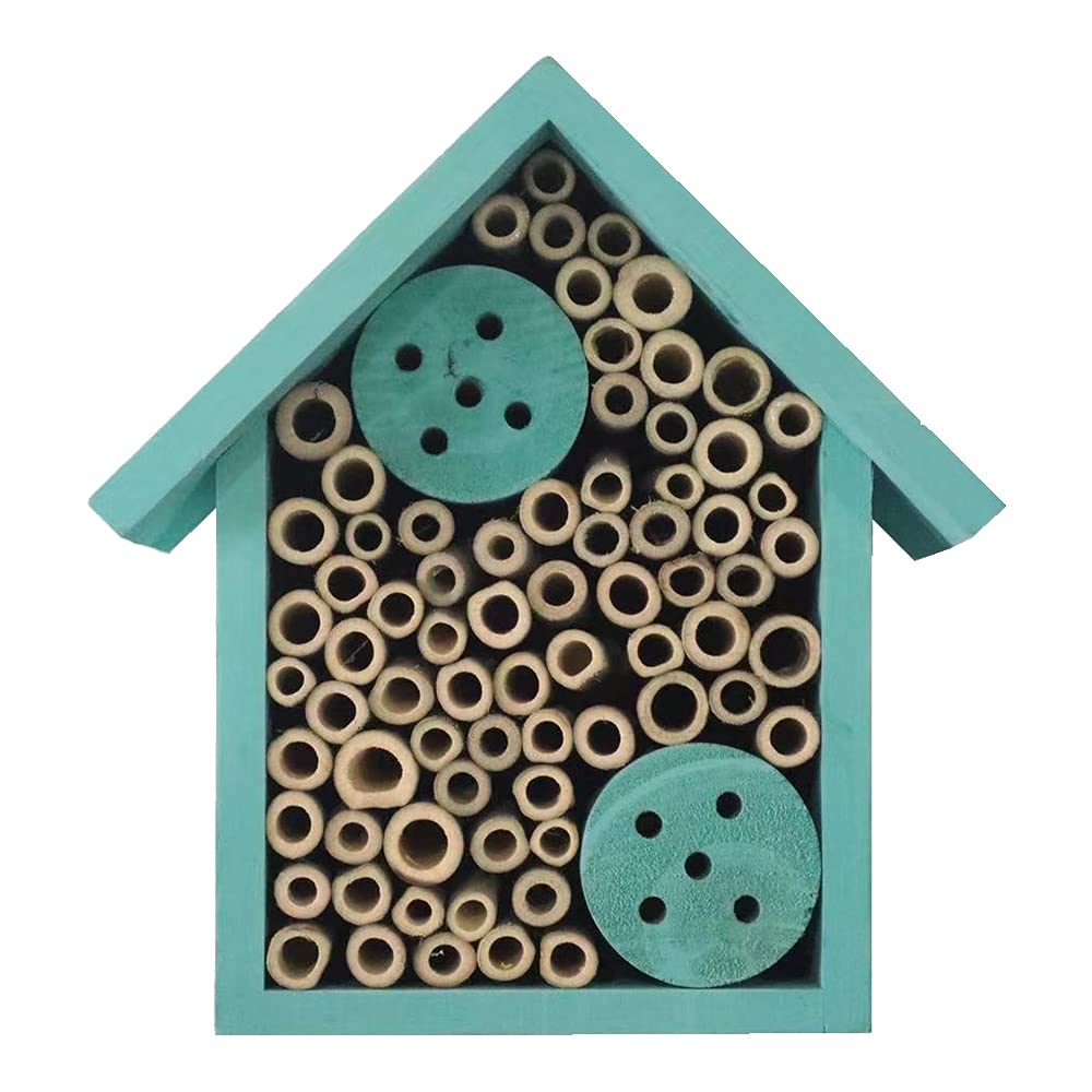 Photo 1 of EGREE Mason Bee Houses Outdoor Wooden Blue Bee Hotel for Garden and Yard Hand-Made Bamboo Bee Hive for Bees Butterflies and Ladybugs, Medium Size 8"x7.5"x5"