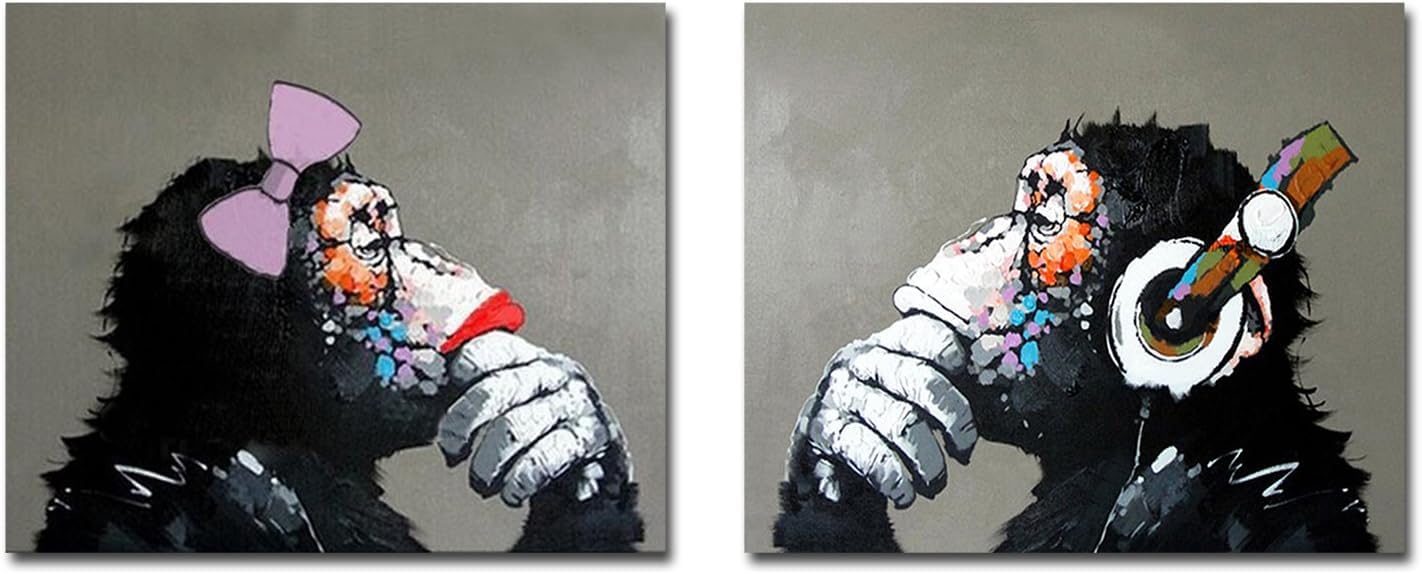Fokenzary Hand Painted Oil Painting on Canvas Listening Music Pop Gorilla Couple Lover Wall Decor Framed Ready to Hang
