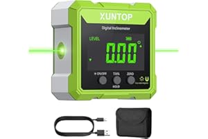 XUNTOP 4x90° Digital Angle Finder with Green Laser(<1mw,Class2) 4 Sided Strong Magnetic Digital Angle Gauge Rechargeable IP54