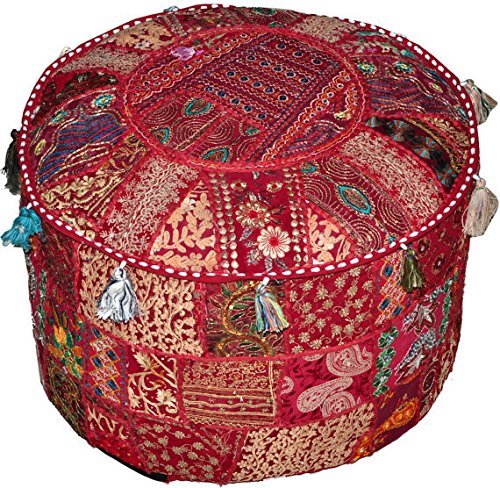 Radhykrishnafashions Vintage Embroidered Pouf Ottoman Footstool Cover Indian Round Ottoman Stool Pouf Pillow, Ethnic Embroidered Pouf Cover, Pouffe Ottoman Pouf Cover Pillow Ethnic Decor Art (Red)
