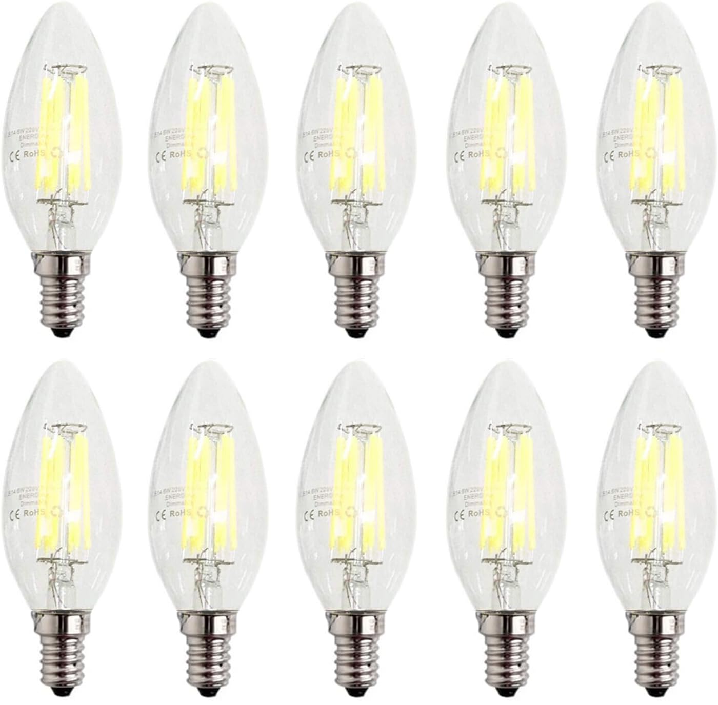 ZFQ Pack of 10 E14 Candle LED Lamp for Chandelier, Edison Led Filament Retrofit Classic, 6W, 600LM, 6500K Cold White, Equivalent Incandescent 60W, AC 220-240V, Dimmable