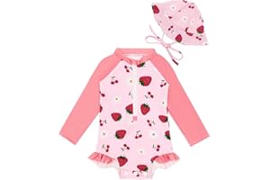 ALVA Baby Girl Swimsuit with Hat Girls One Piece Rash Guard Swimwear Long Sleeve Ruffle Swimsuit UPF 50+ Sun Protection