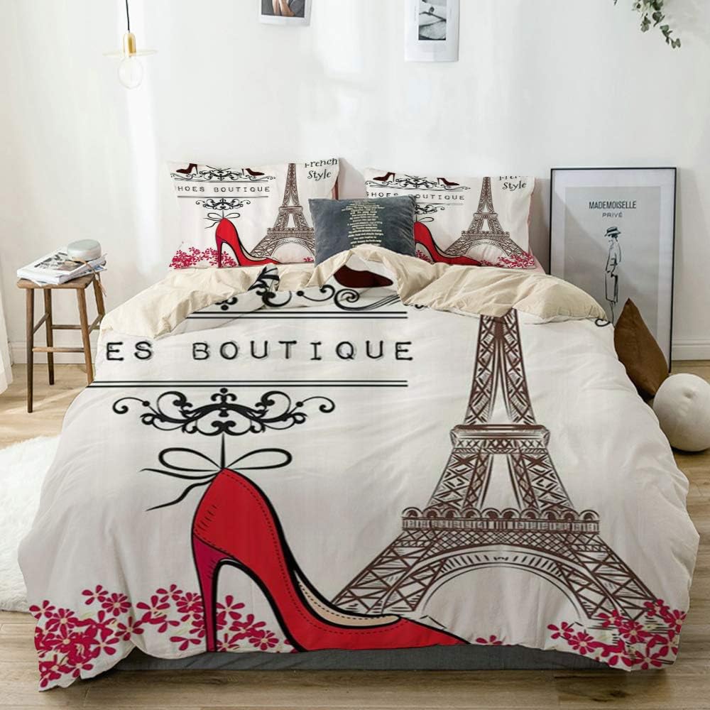 DAOPUDA Decorative Duvet Cover,Eiffel Tower Red High Heels and Paris France City Landmark Sign,Soft Brushed Microfiber Bedroom Hotel Dorm Bedding Set with 2 Pillow Shams (Full/80"x90")