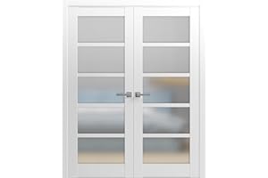 SARTODOORS - French Double Panel Lite Doors 84 x 80 with Hardware | Quadro 4002 White Silk with Frosted Opaque Glass | Panel Frame Trims | Bathroom Bedroom Interior Sturdy Door¦