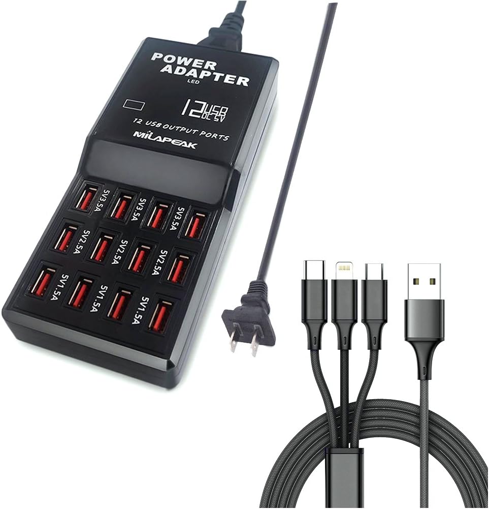 YICHUMY 12 USB Port 60W/12A Multi USB Charger with 3.3ft 3 in 1 Charging Cable Desktop Multi-Port USB Charger for Cell Phones Universal Multi Phones Charging Station with Cord