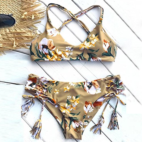 2018 New Women's Floral Print Swimsuit, Balakie Ladies Bandage Bikini Set Khaki Push-up Padded Bra Split Bathing Suit Swimwear (S, Khaki)