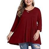 MONNURO Womens Plus Size 3/4 Sleeve V Neck Button Casual Loose Flowy Swing Tunic Tops Basic Tee Shirts for Leggings