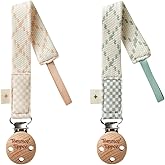 Tommee Tippee Pacifier Clip, Organic Cotton, 0m+, Pack of 2 | Compatible with Any Pacifier, Loop-On Design, Silicone &amp; Stainless Steel, Cream &amp; Green