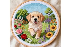 Zhenqing Golden Retriever Cross Stitch Kit in Flower Garden, 11CT Printed 24x24cm with Hoop, Beginner-Friendly Embroidery Set