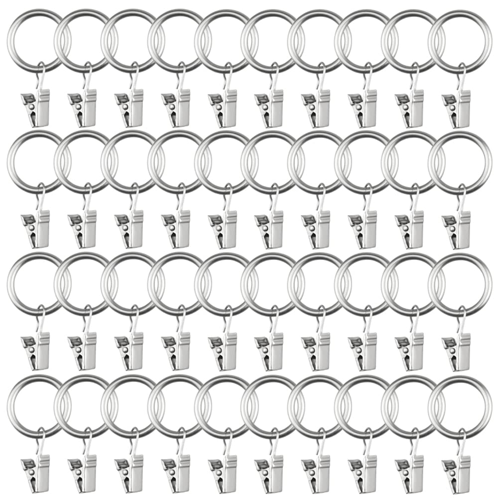 WMYCONGCONG 40 PCS Metal Curtain Rings with Clip, Decorative Window Drapery Clips with Rings, Drapery Curtain Clip Rings, Drapes Ring 1 in Interior Diameter - Mist Silver
