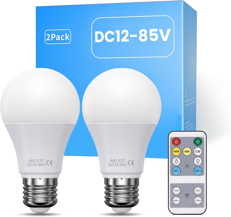 DC 12V Bombilla LED E27 con Remoto, 8W 500LM, 2-Pack — foto 1 de 7