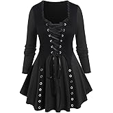 Rosegal Women Plus Size Gothic Lace-up Grommet Ruffles Tee Renaissance Costume Top Long Sleeves Gothic Top