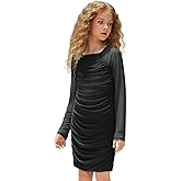 Perfashion Girls Bodycon Dress Teen Mesh Long Sleeve Formal Homecoming Ruched Tight Pencil Dresses Fancy Party 4-13Y