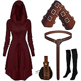 Renaissance Costume Women Hooded Robe Lace Up Dress Halloween Vintage Medieval Cloak