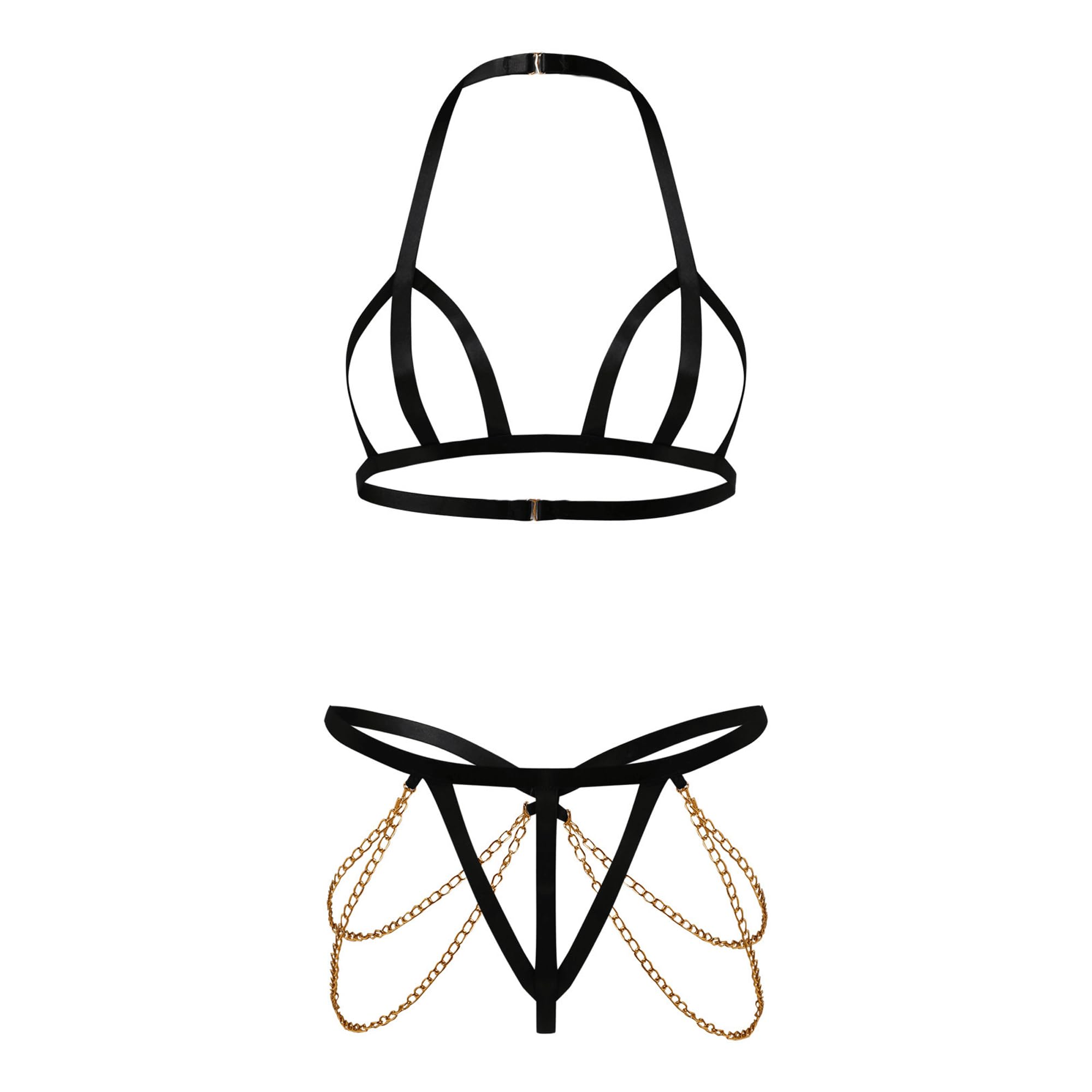 SINMIUANIME Women's Body Harness Cosplay Lingerie Full Waist Garter Belts Strappy Frame Bras And Panty Set (188Black, Medium)