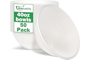 Bionutrio 40oz Large Disposable Bowls, 50 Pack Compostable Paper, Heavy Duty for Hot Soup, White Bagasse, Microwavable Safe for Salad Cereals, Snacks