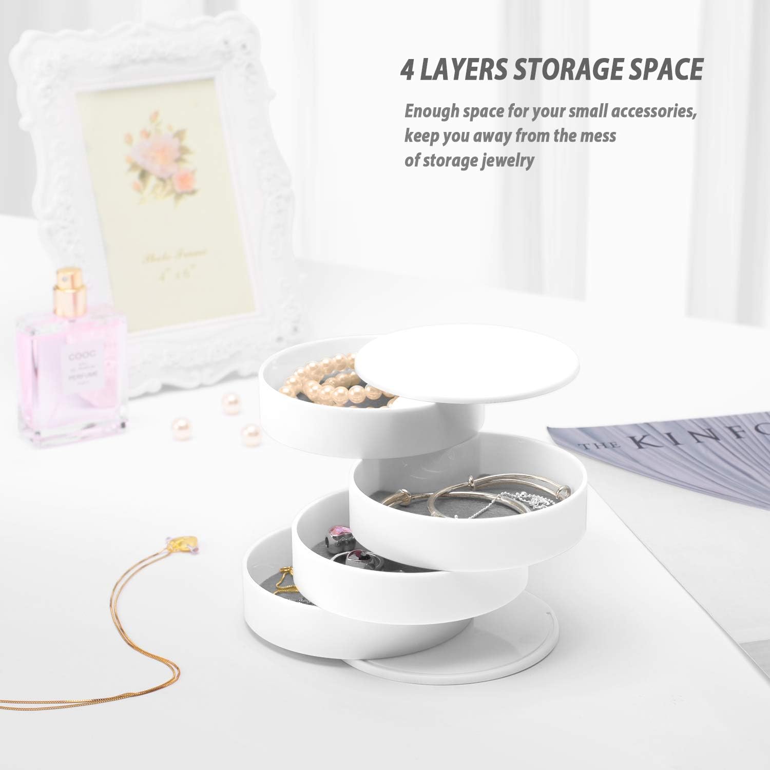 Jewelry Organizer, Small Jewelry Box Earring Holder for Women, Jewelry Storage Box 4-Layer Rotatable Jewelry Accessory Storage Tray with Lid for Rings Bracelets: Home & Kitchen