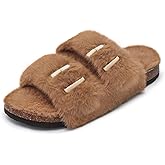 Rainlin Women's Fuzzy Slippers Comfy Cork Footbed Fluffy Slides Open Toe Indoor Outdoor House Shoes with Arch Support Brown Size 11