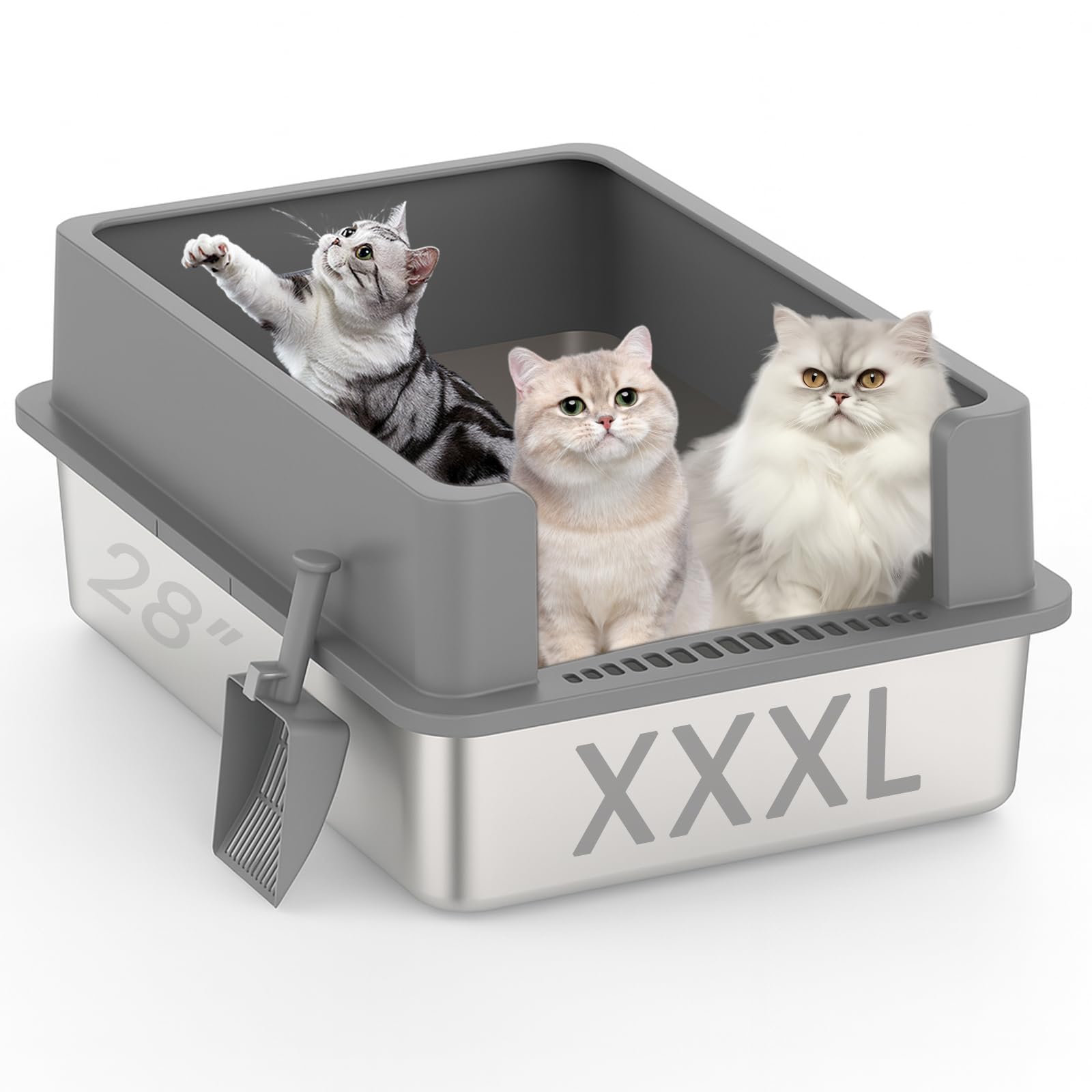 View 1 of ?No Sifting? Tiuubt XXXL Stainless Steel Litter Box for Cats, 28''x20''x12'' Extra Large Metal Litter Box with High Sided Lid, for Big Cats, Multi-Cat Household, Non-Sticky & Easy to Clean