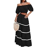 HUUSA 2026 Summer 2 Piece Boho Outfits for Women Short Sleeve Off Shoulder Crop Top and High Waist Flowy Long Skirt Set