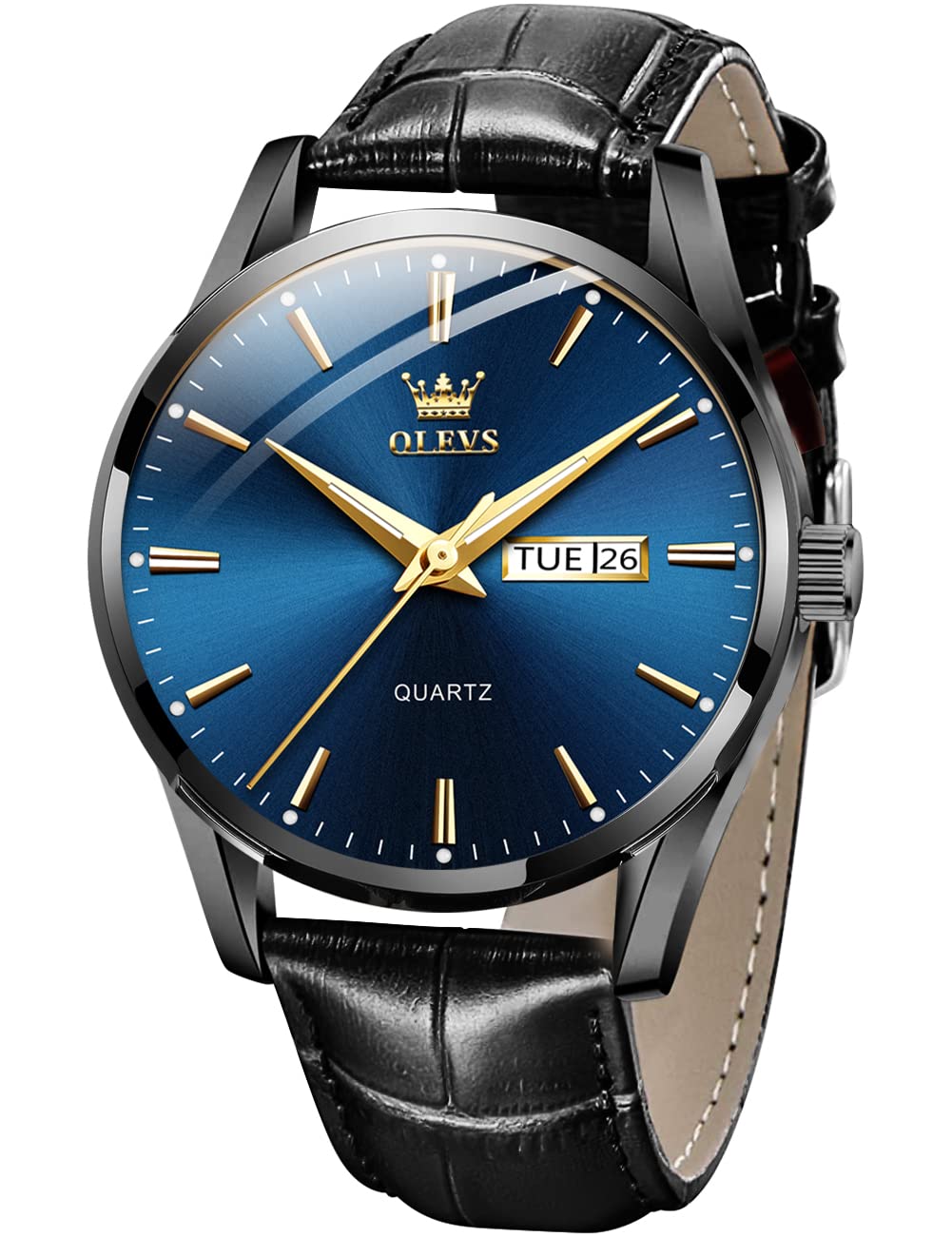 OLEVS Herrenuhren Blau Schwarz Lederarmband Quarz Uhr Männer mit Wochentag Datum Wasserdicht Leuchtende Klassische Elegantes Armbanduhr Geschenk