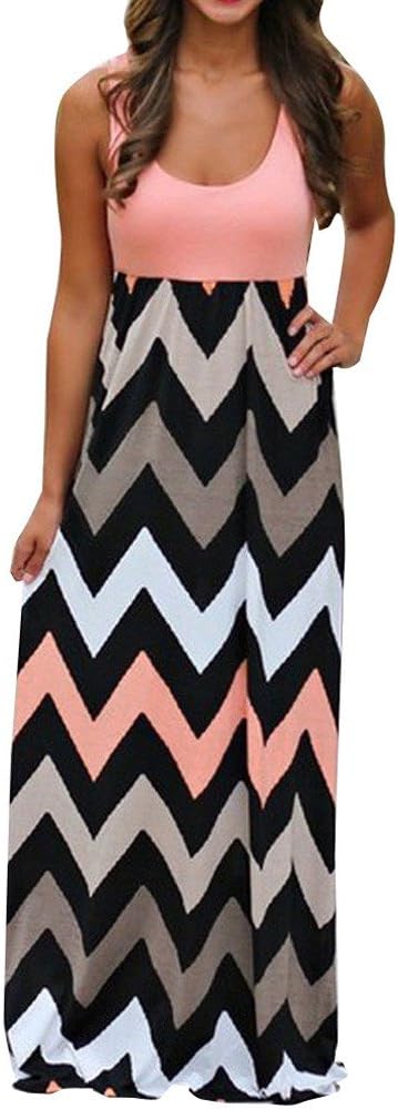 Womens Tank Top Maxi Dresses, Summer Boho Printed Empire Chevron Sleeveless Casual Beach Dresses Sumeimiya