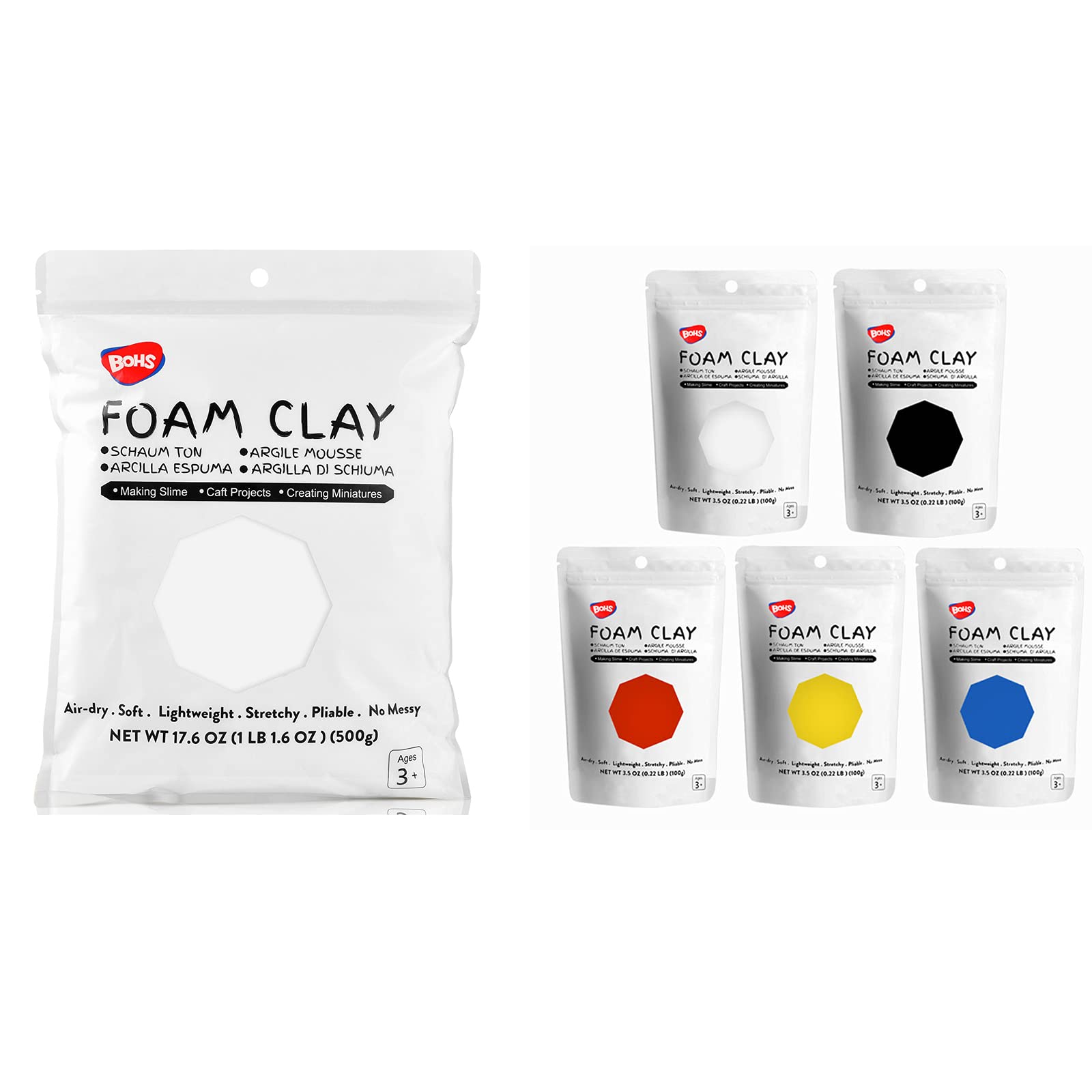 BOHS White Squishy Slime and Modeling Foam Clay + 5 Primary Colors Clay