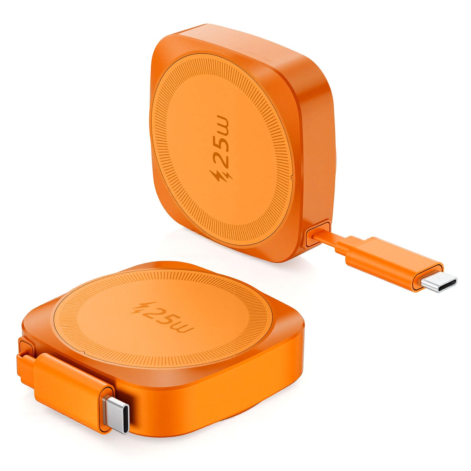 25W マグネット式ワイヤレス充電器 Qi 急速充電パッド 0.7m 巻き取り式ケーブル付き 薄型ポータブル iPhone/Samsung/Google Pixel/AirPods 対応 全 5 色 (オレンジ)